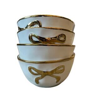 Hand Painted Coquette GOLD BOW Salad Bowls 6.25in White Ceramic Set of 4 NEW